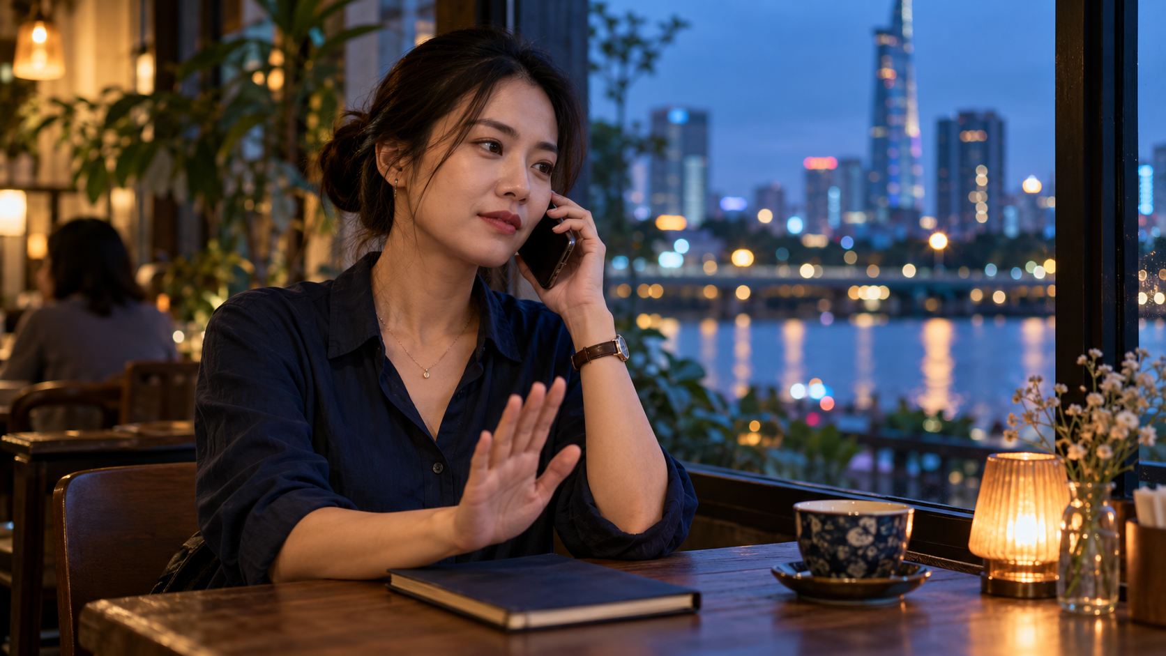 Một phụ nữ ngồi trong quán cà phê buổi tối, bình tĩnh trao đổi qua điện thoại về giới hạn của mình