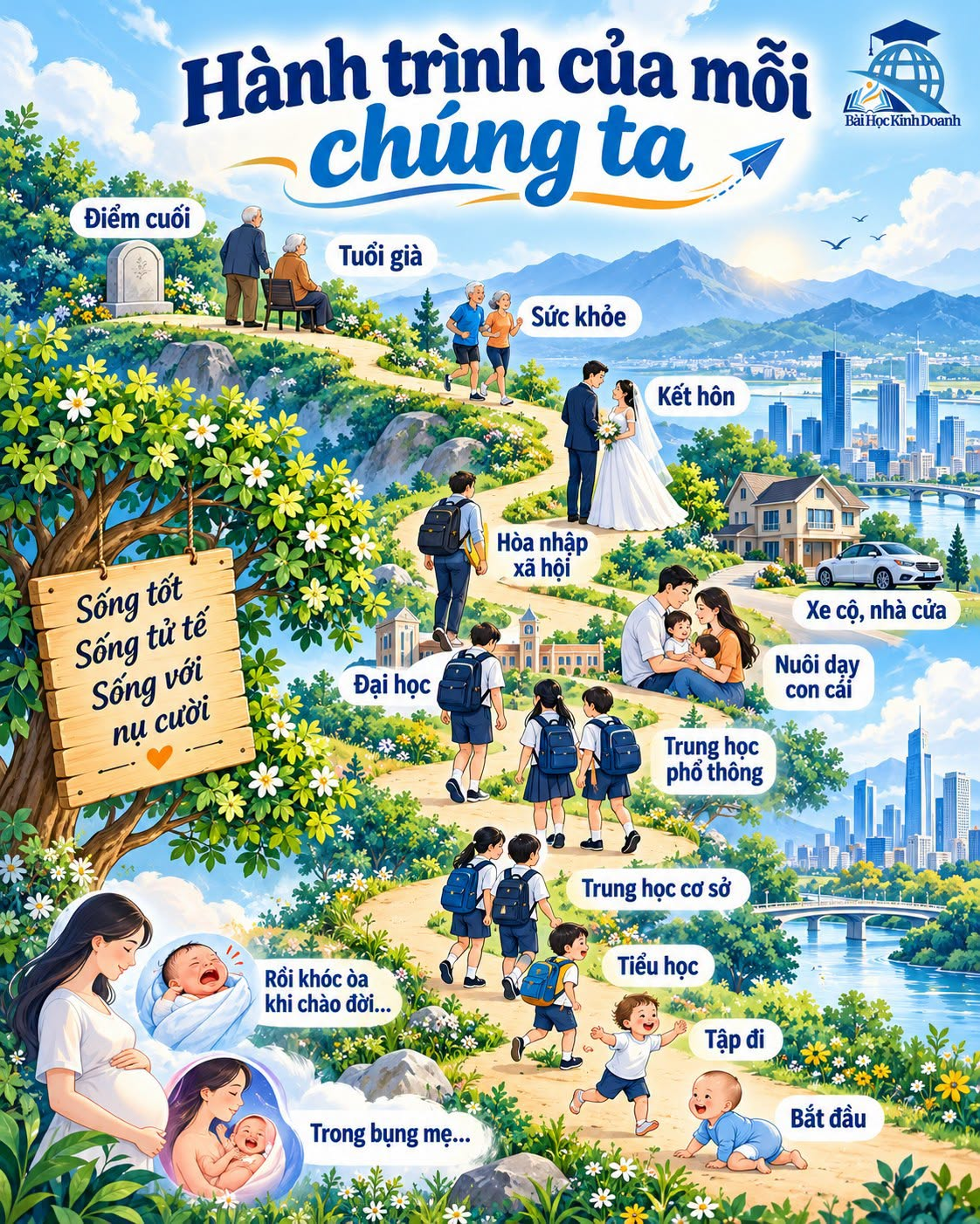 Minh họa hành trình cuộc đời từ lúc chào đời, đi học, trưởng thành đến tuổi già, bên cạnh lời nhắn sống tốt và tử tế