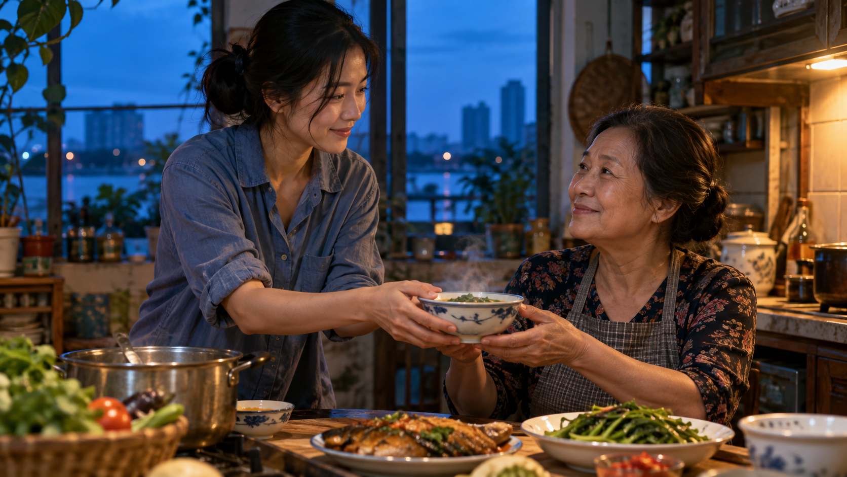 Người con trưởng thành cùng mẹ chuẩn bị bữa tối trong căn bếp gia đình