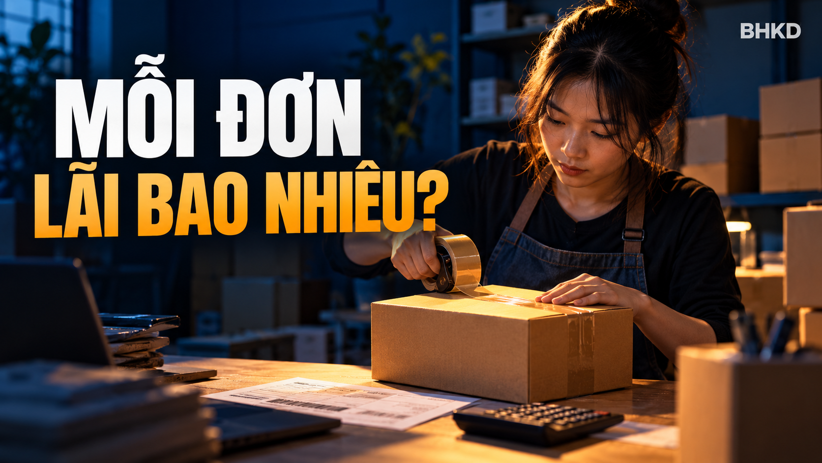 Người bán đóng gói hàng và đặt câu hỏi mỗi đơn lãi bao nhiêu