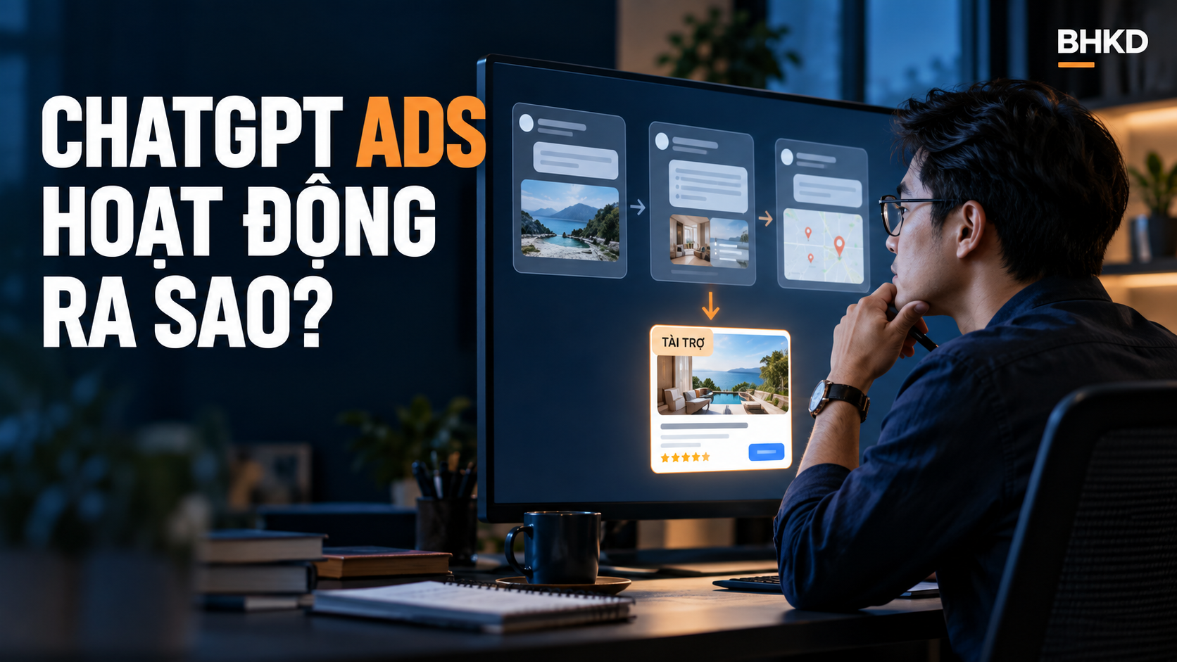 Ảnh minh họa một marketer quan sát quảng cáo tài trợ tách khỏi luồng hội thoại AI