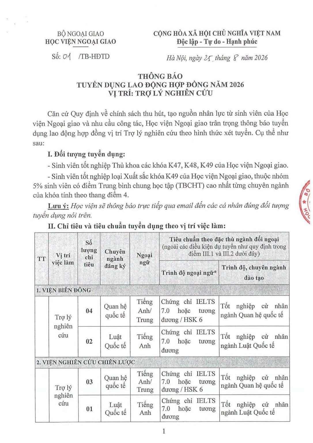 Trang đầu thông báo tuyển dụng trợ lý nghiên cứu năm 2026 của Học viện Ngoại giao