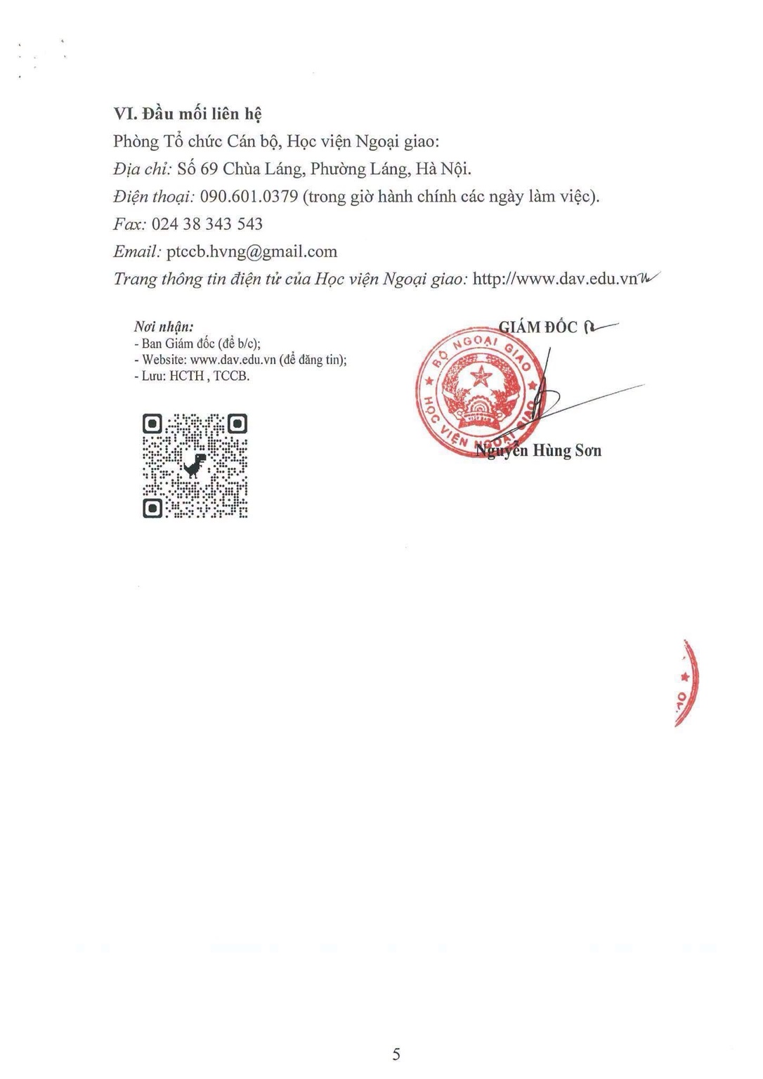 Trang cuối thông báo có đầu mối liên hệ và xác nhận của Học viện