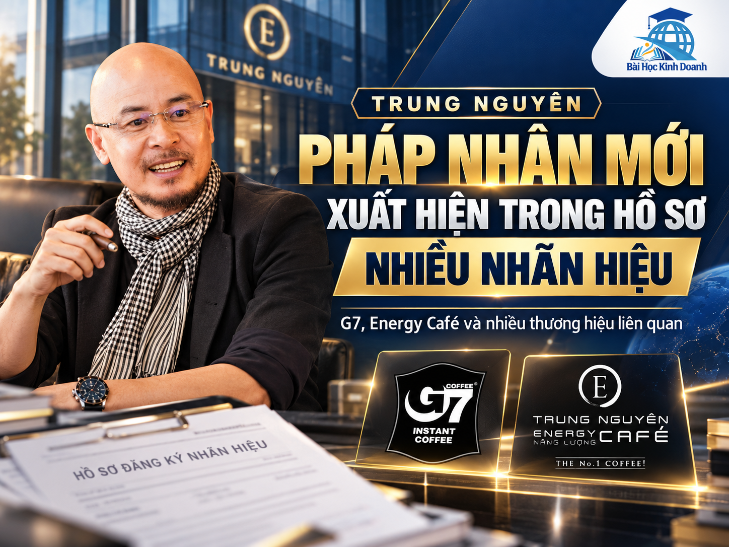 Thiết kế minh họa về pháp nhân mới trong hồ sơ nhãn hiệu Trung Nguyên, có hình ảnh Đặng Lê Nguyên Vũ và hai mẫu nhãn G7, Energy Café